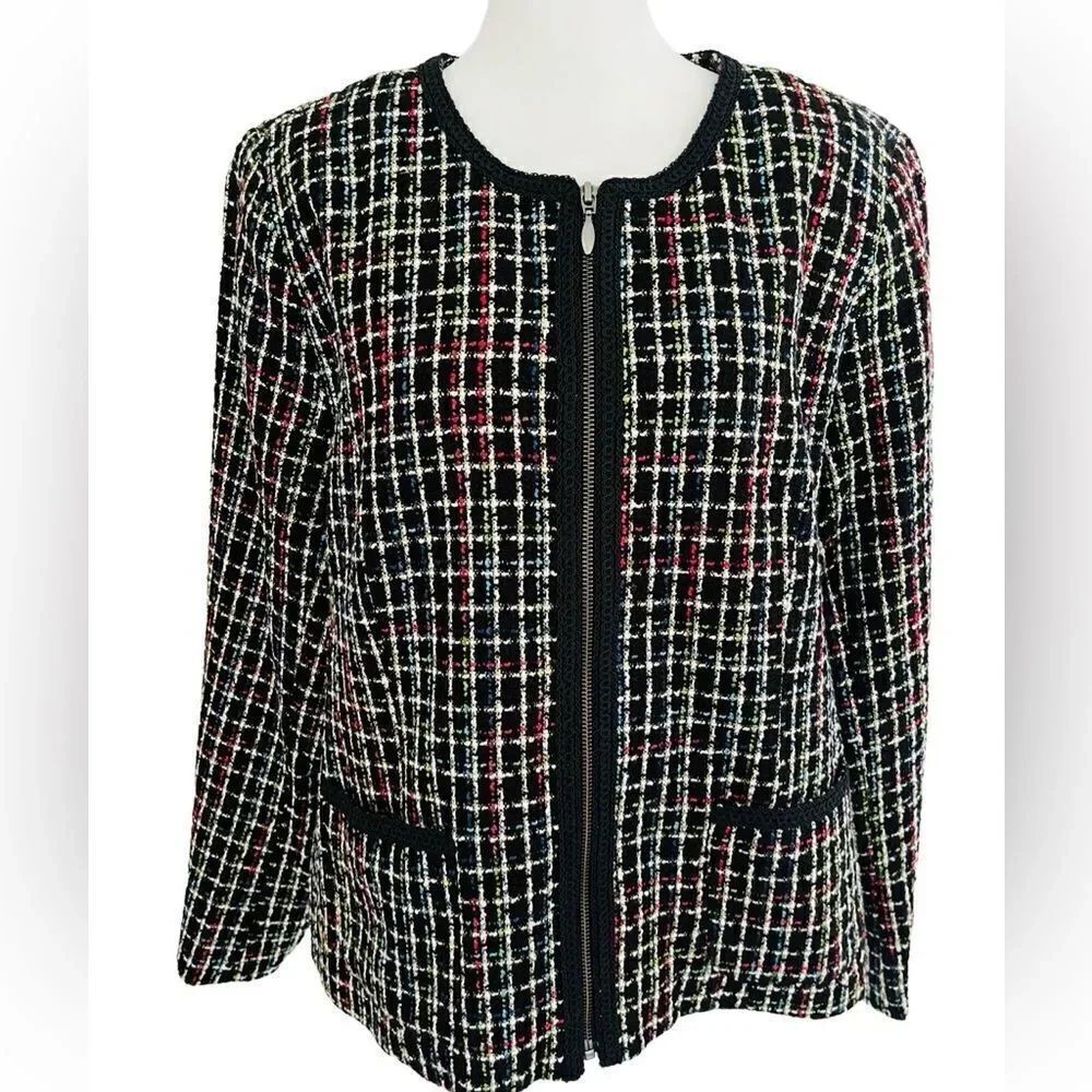 KORET zip front lined jacket with pockets, braid trim size 16.